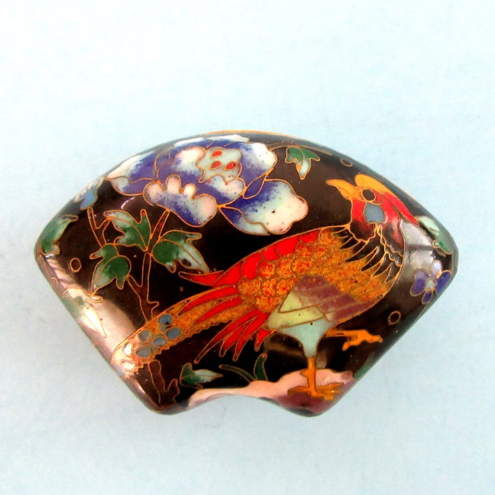Vintage enameled wedge shape cloisonne ring box with pheasant or peacock pattern